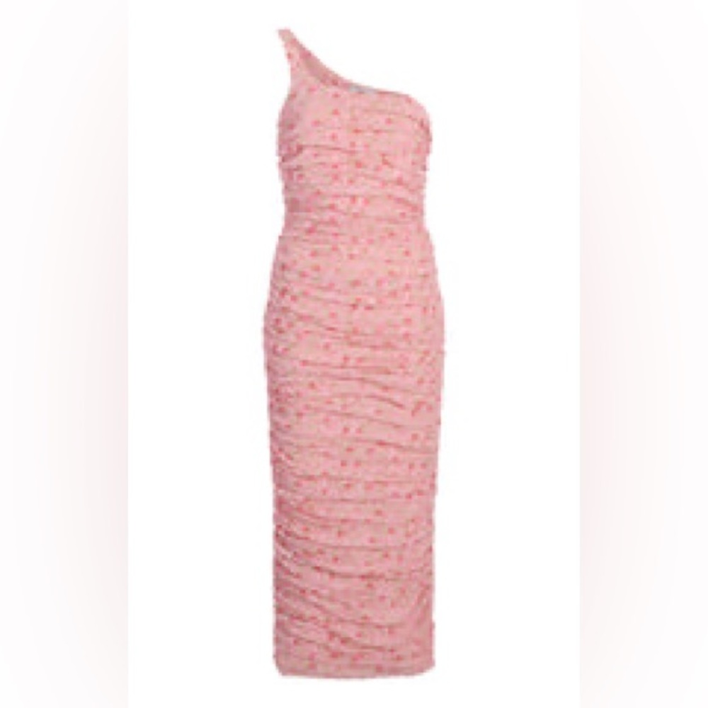 NWT Likely REVOLVE | Tash Pink Floral Ruched Bodycon Midi One Shoulder | 14